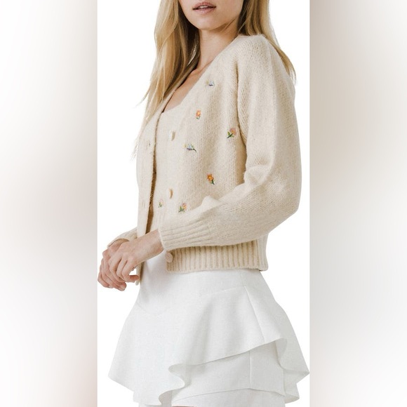 English Factory Sweaters - English Factory Embroidered Floral Cardigan, size large.